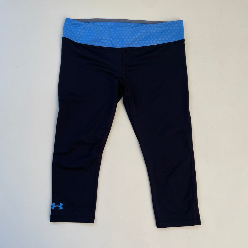 Under Armour Leggings Womens Medium Heat Gear Crop Capri Athletic Black Blue Dot